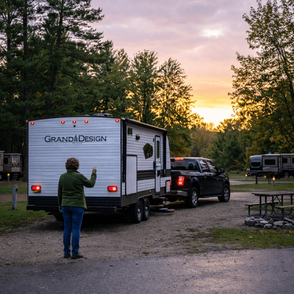 Person directing a truck towing a Cherokee camper trailer at campsite during sunset